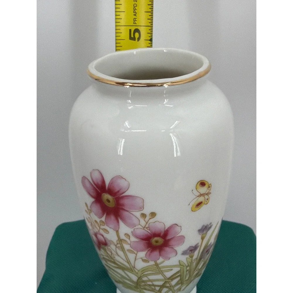 Vintage Made in Japan White Porcelain Bud Vase Pink Floral Butterfly Gold Rim